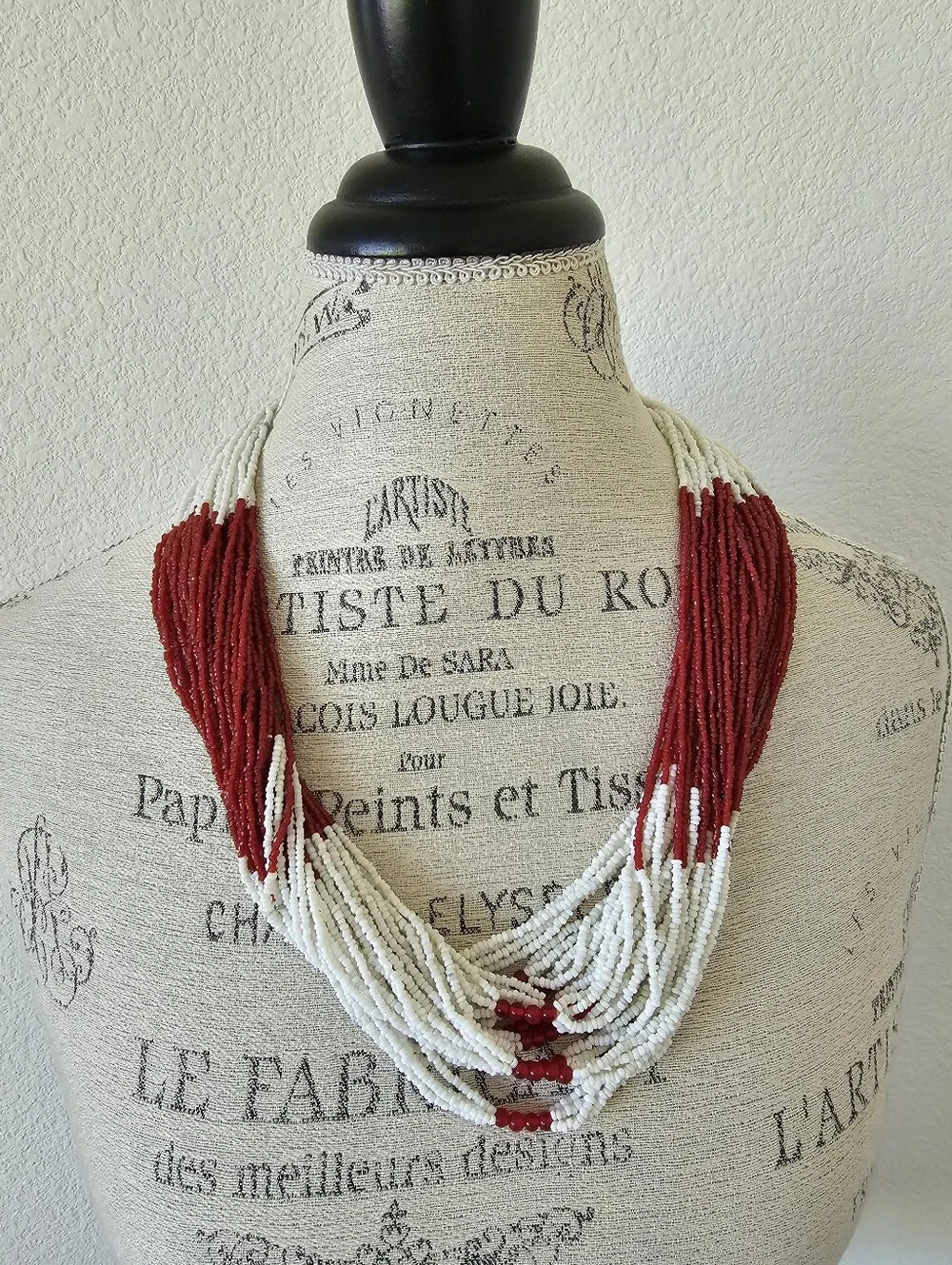 Vintage Naga Style Multi Strand Glass Seed Bead Necklace Red White Tribal